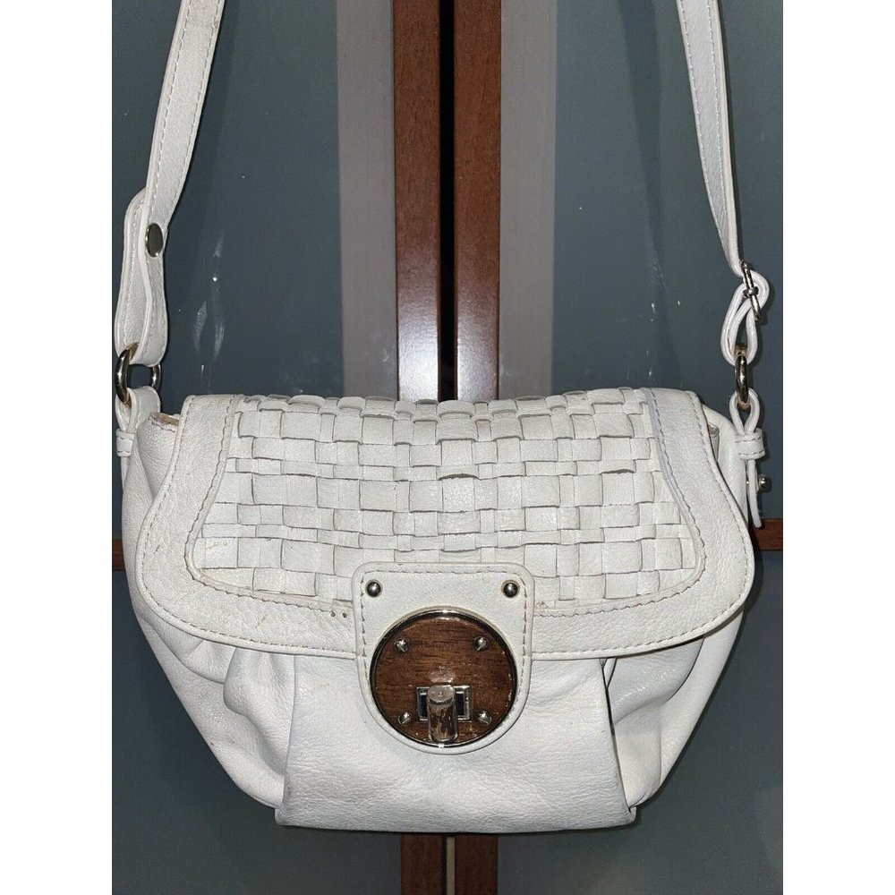 ELLIOTT LUCCA WOMENS WOVEN WHITE LEATHER FLAP OVER THE SHOULDER BAG PURSE AS-IS